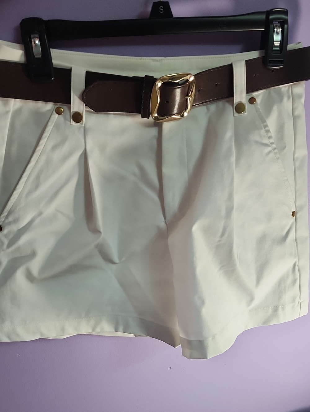 Women's White High-Waist Shorts with Brown Belt